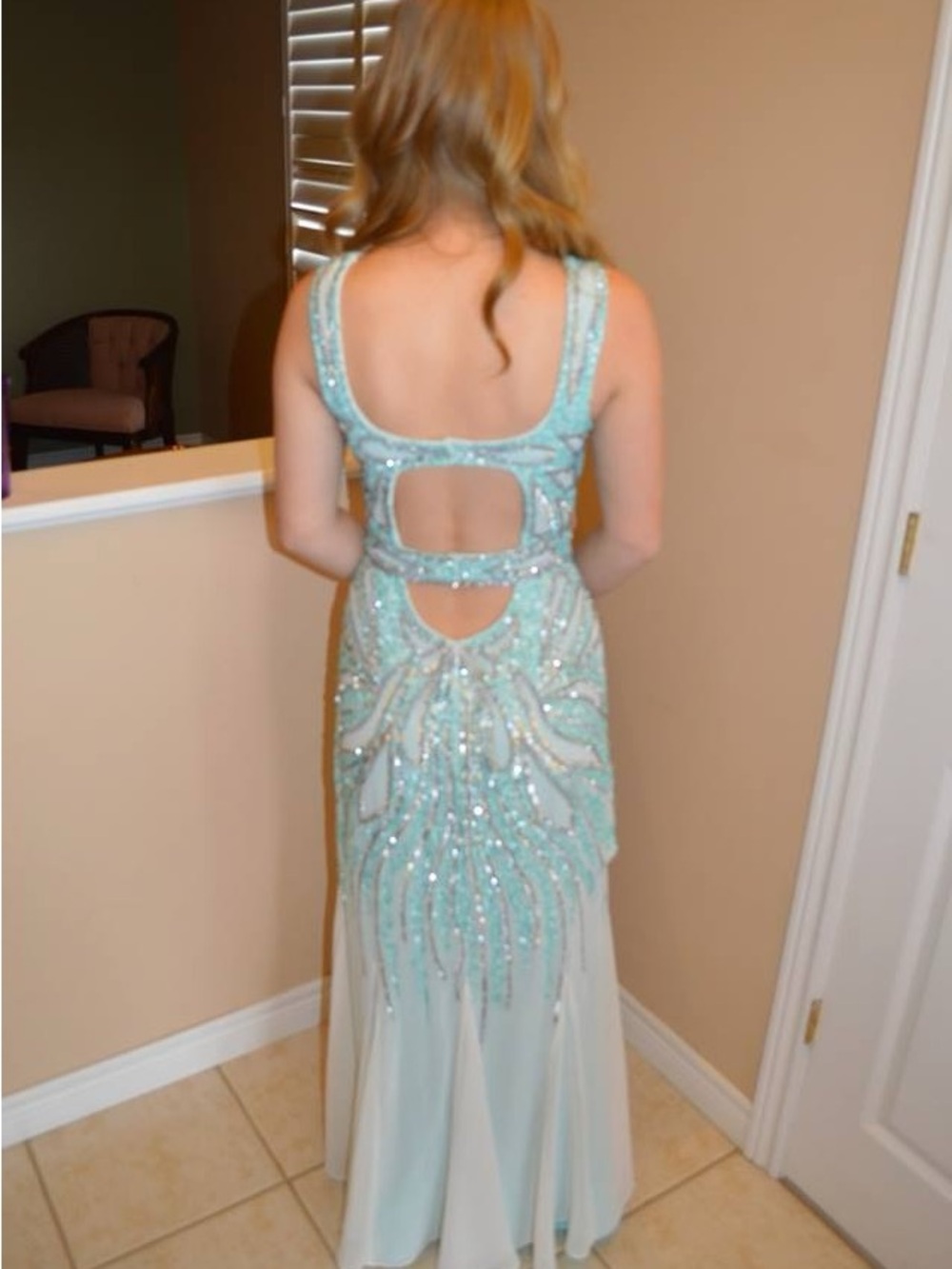 Faviana Beaded Mint Green Evening Gown /Prom Dress- Back-Cut Detail